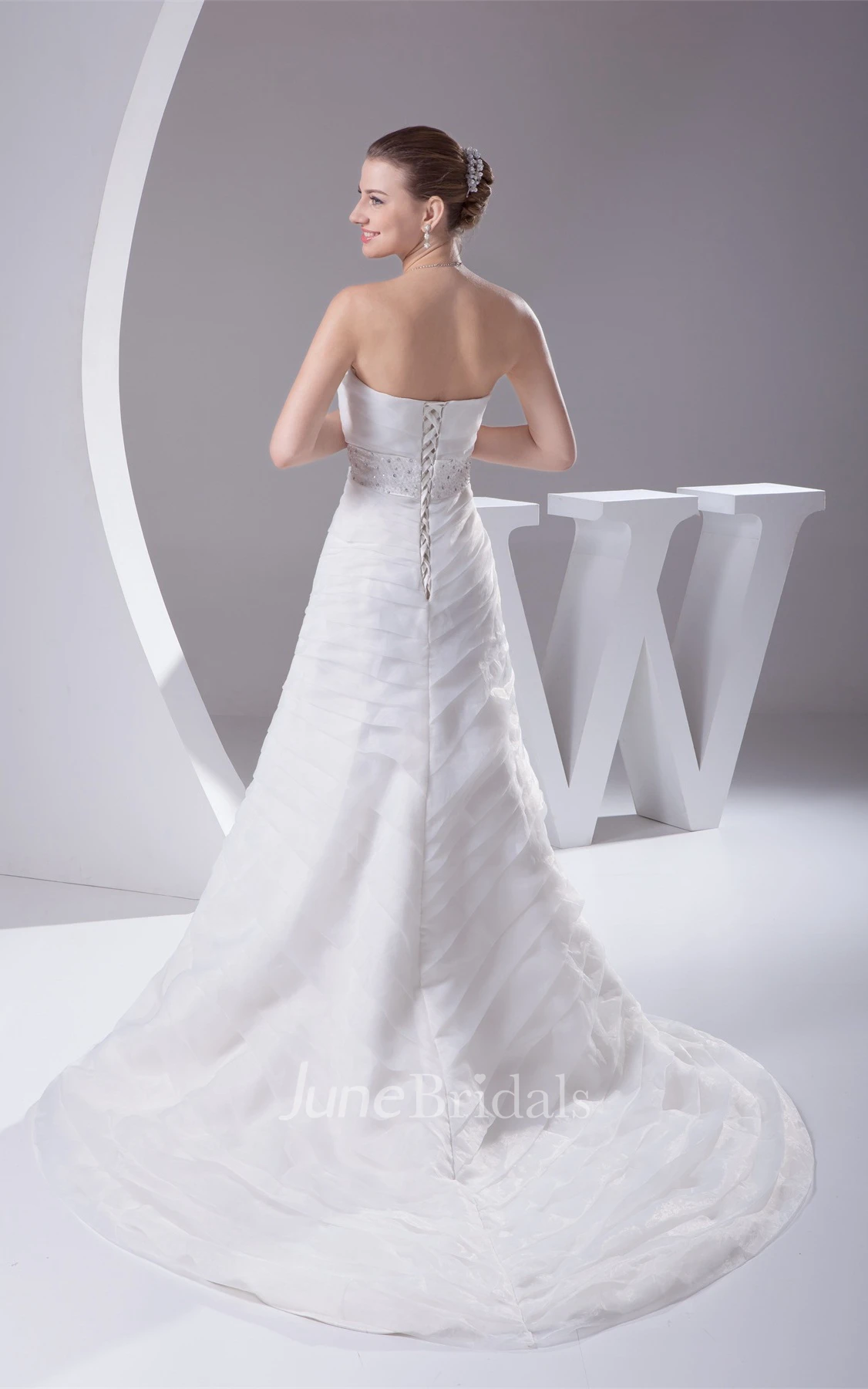 Strapless A-Line Dress with Overall Ruched Design and Gemmed Waist