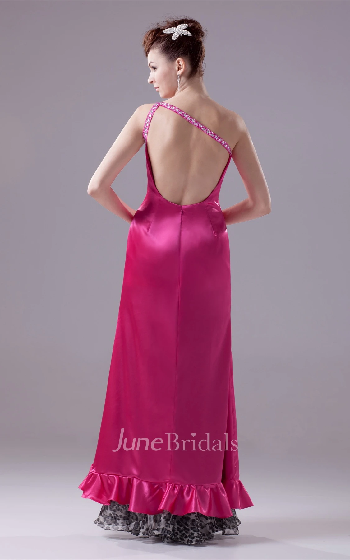 One-Shoulder Ruched Satin Front-Split Dress with Beading and Leopard Print