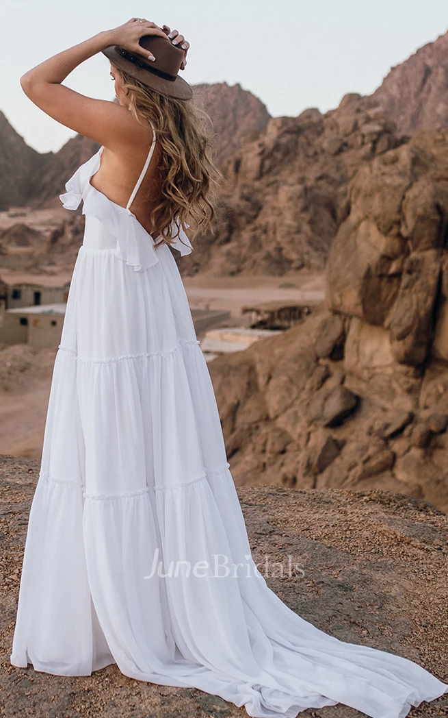 Casual Chiffon Spaghetti A Line Sleeveless Wedding Dress with Ruffles and Open Back