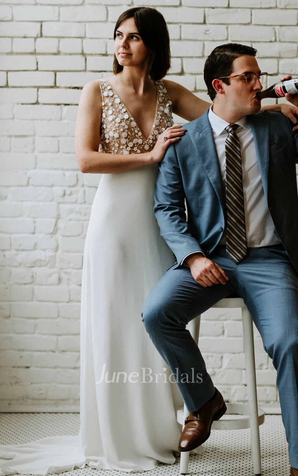 A-Line Satin Simple V-neck Warm Wedding Dress With Low-V Back And Appliques