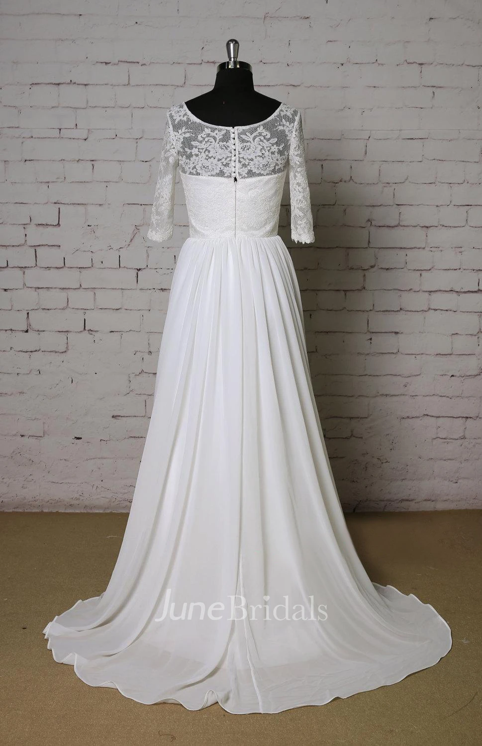 Scoop Neck Half Sleeve A-Line Chiffon Wedding Dress With Lace Bodice