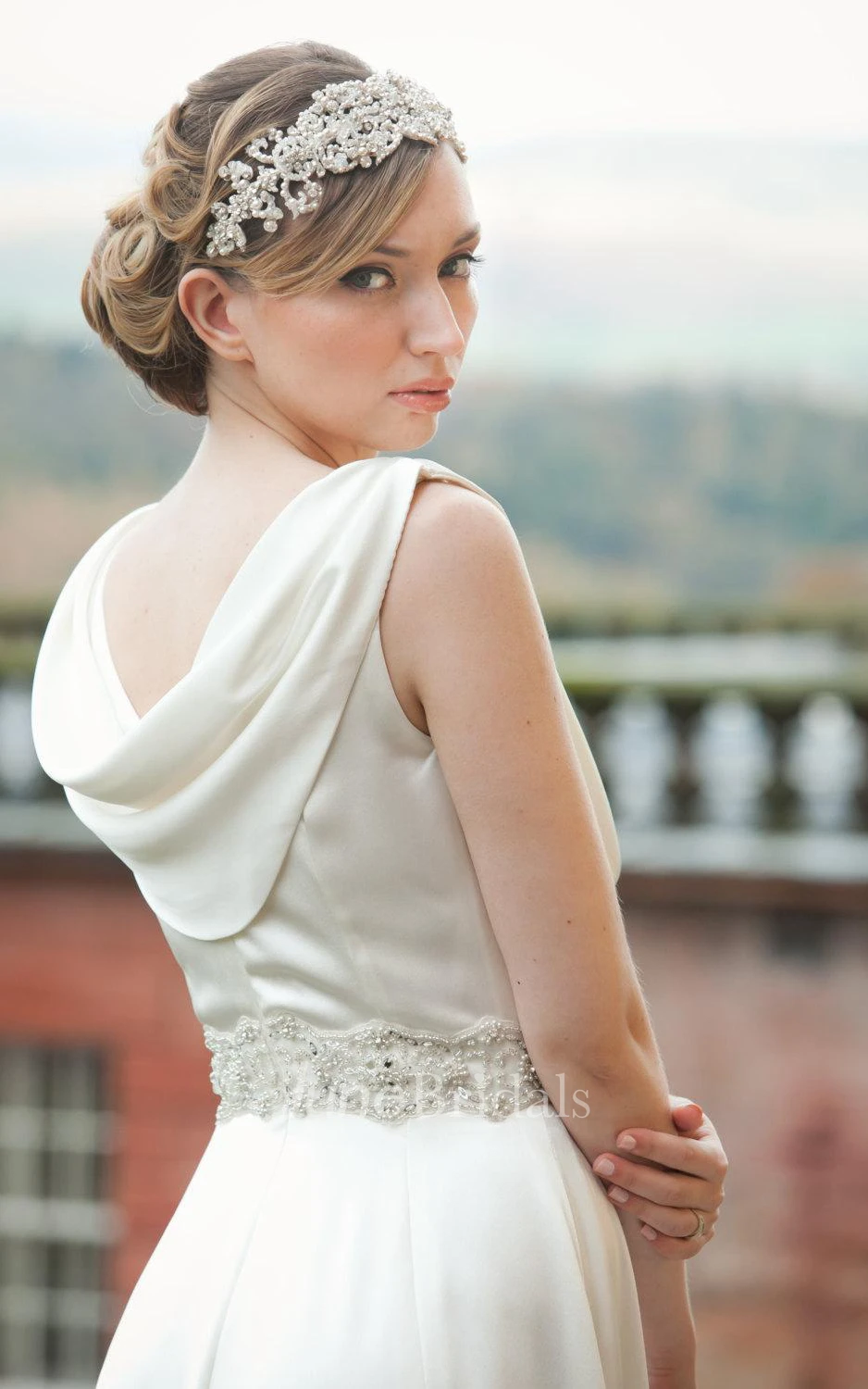Soft Satin Cowl Neck A-Line Wedding Dress With Beading Waist
