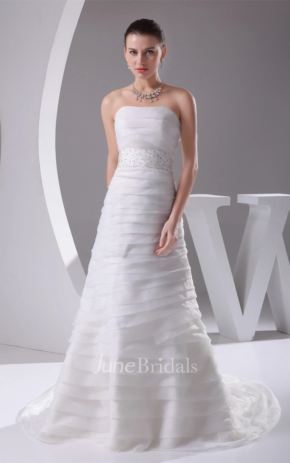 Strapless A-Line Dress with Overall Ruched Design and Gemmed Waist
