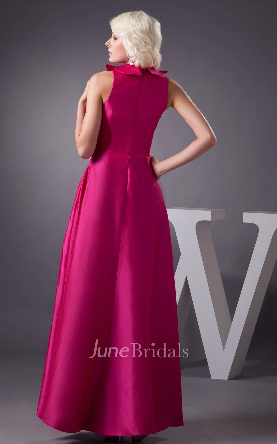 Sleeveless Floor-Length Satin Gown with Ruching and Flower
