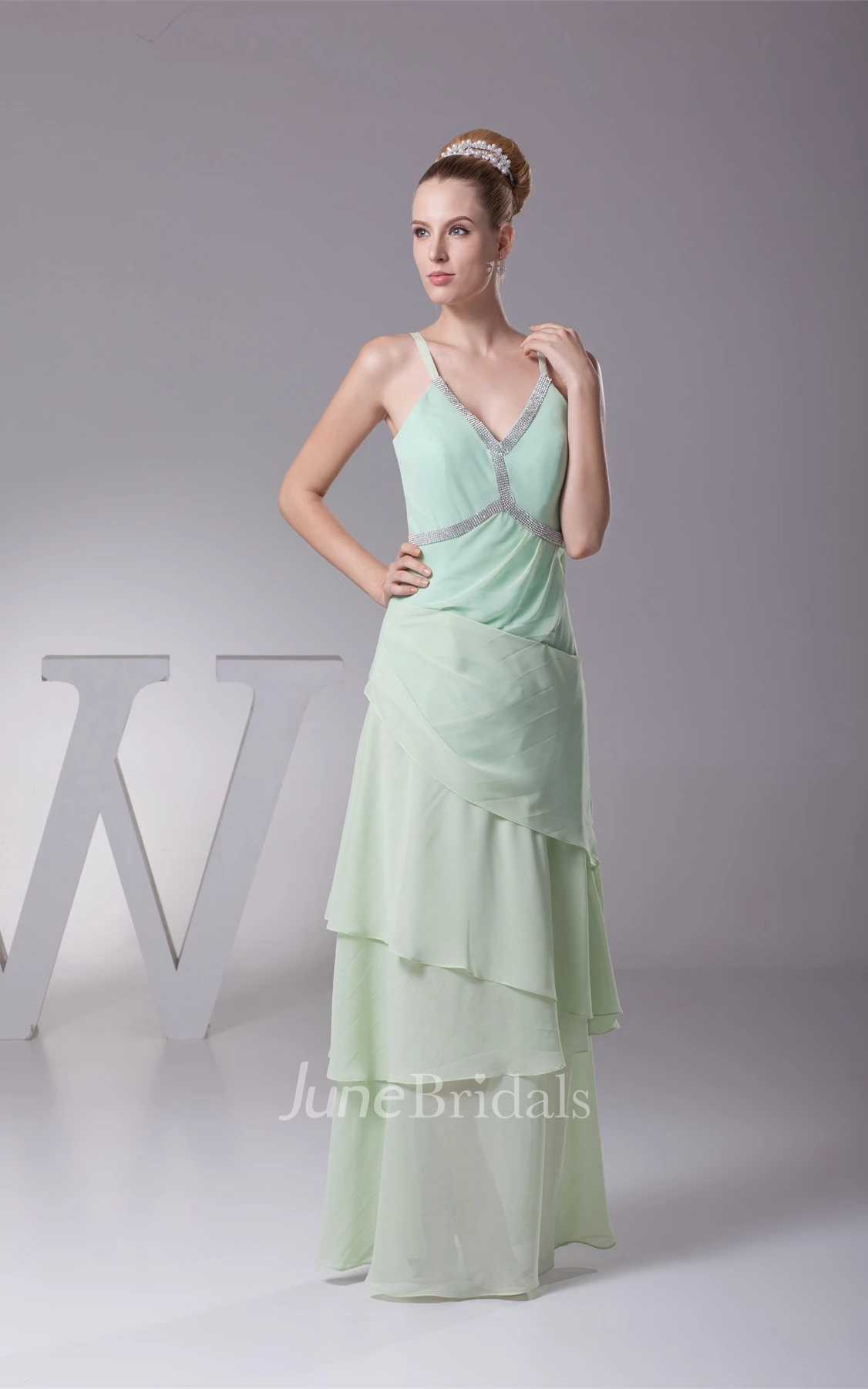 Spaghetti-Strap Plunged Chiffon Long Dress with Beading and Layers
