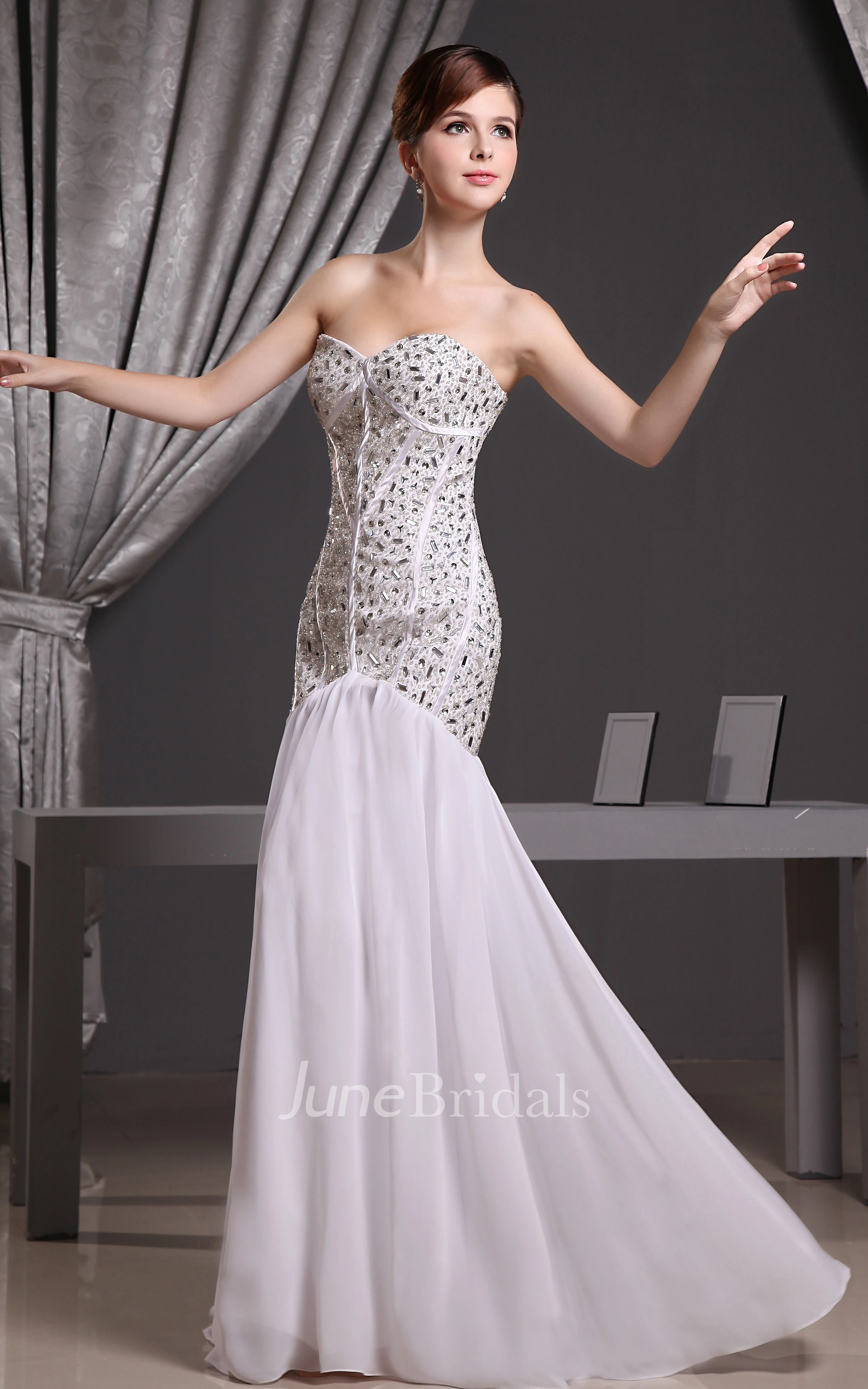 Strapless Chiffon Floor-Length Sheath Dress With Beading