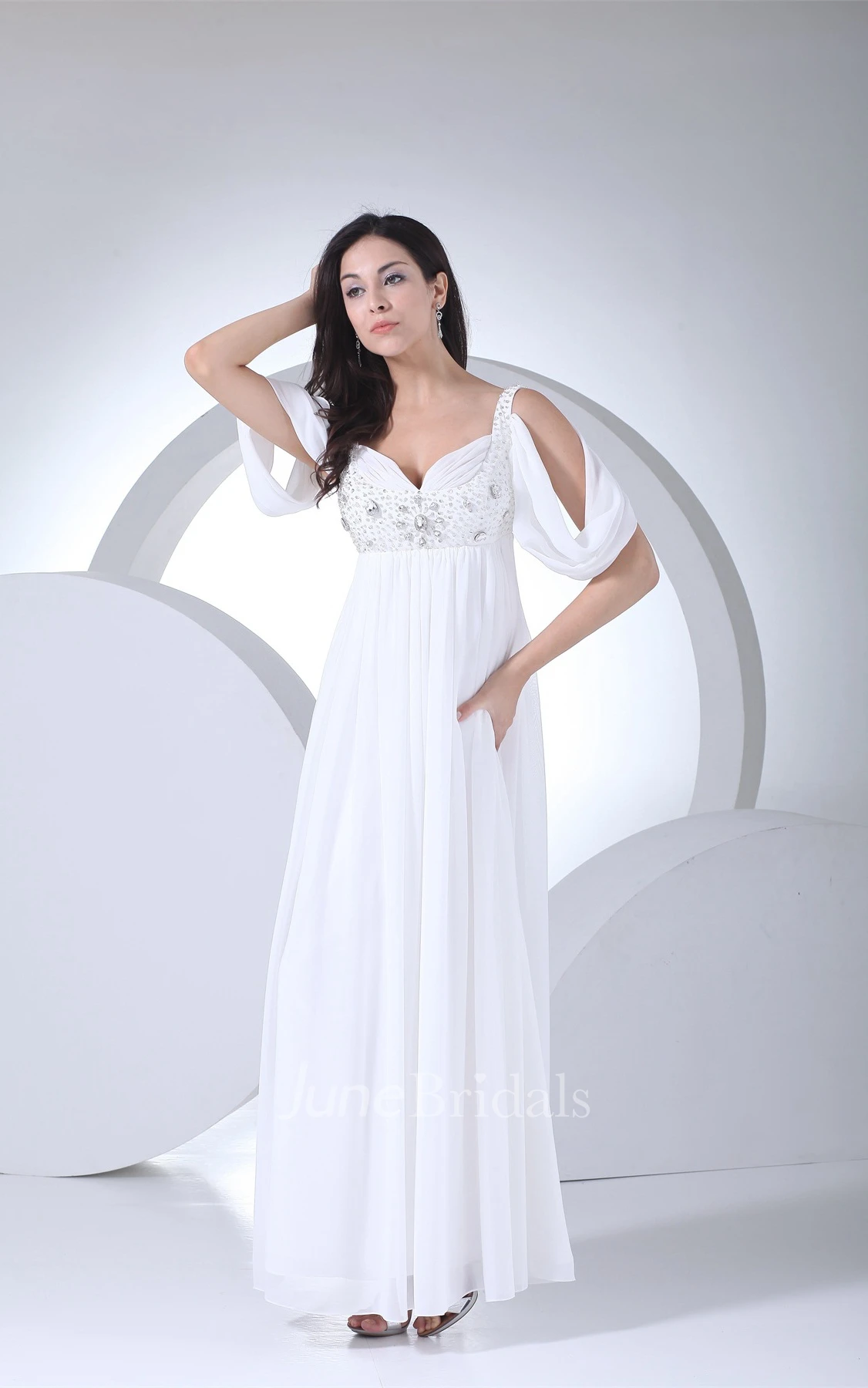 Strapped Plunged Empire Dress with Rhinestone and Pleats