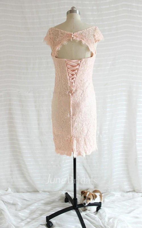 Bateau-neck Sneath Lace Dress With Lace Up Back