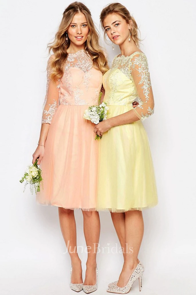 Knee-Length A-Line 3-4 Sleeve Appliqued High Neck Tulle Bridesmaid Dress
