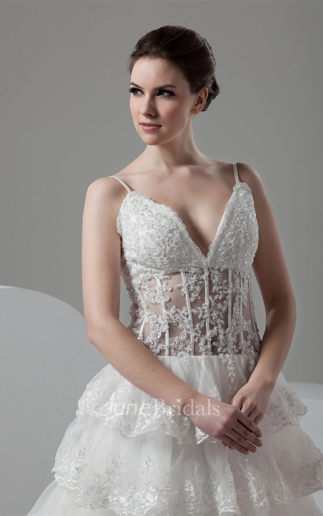 Plunged Tiered Lace A-Line Gown with Spaghetti-Straps