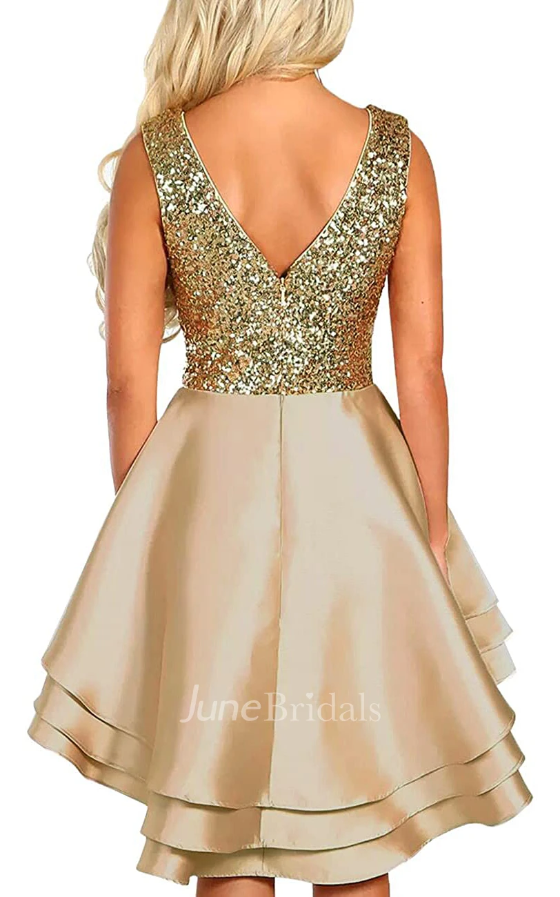Simple Ball Gown Satin Sequins V-neck Sleeveless Homecoming Dress with Ruffles