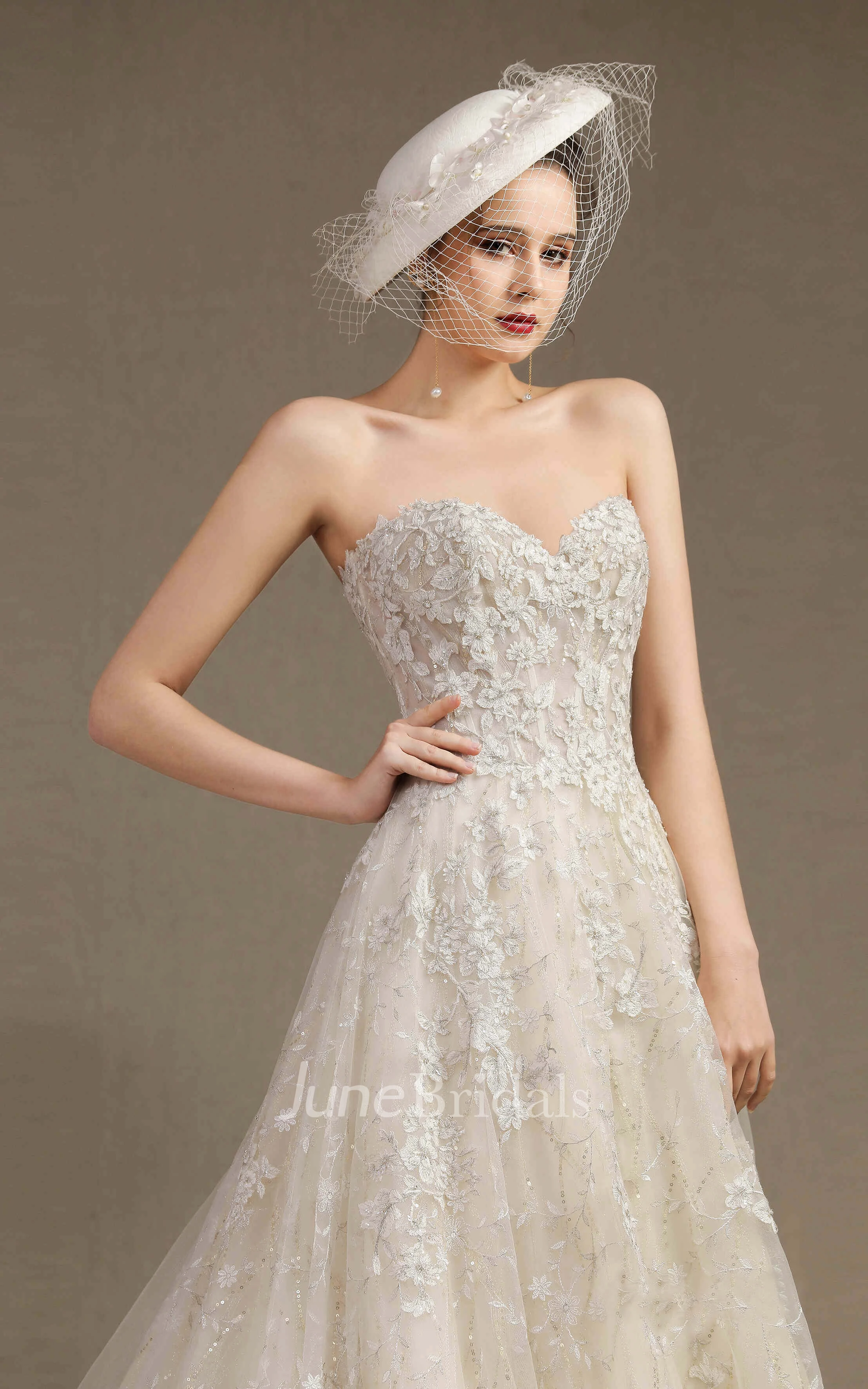 Lace Ballgown Princess Floral Appliqued Sweetheart Sleeveless Wedding Dress With Boning