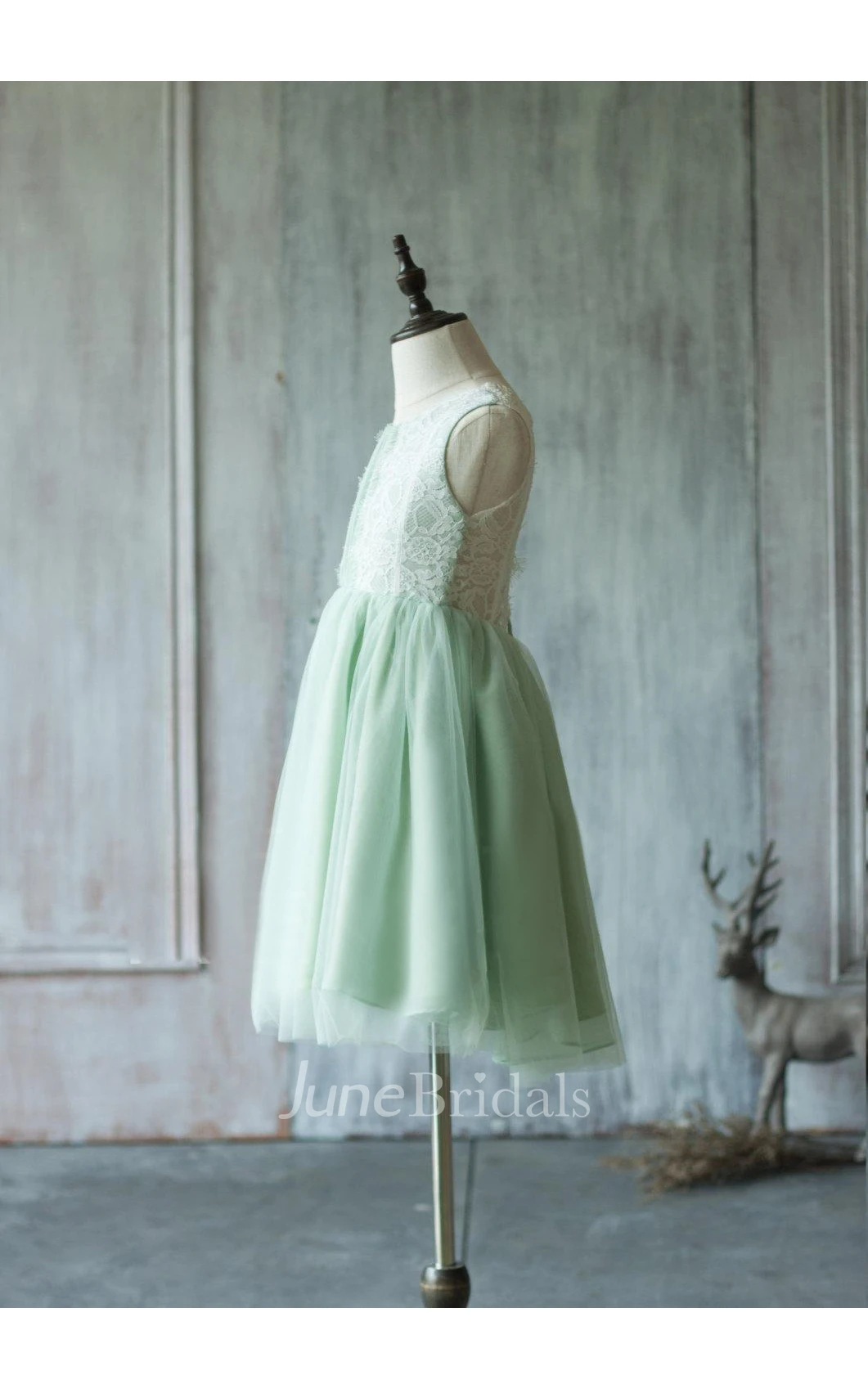 Dusty Shale Sleeveless Lace-up Lace and Mesh Beading Dress Girl Dress