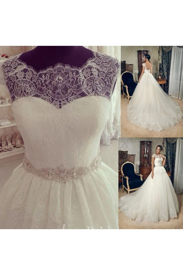 Elegant Lace Fashion Cap Sleeve Princess Wedding Dress With Crystals
