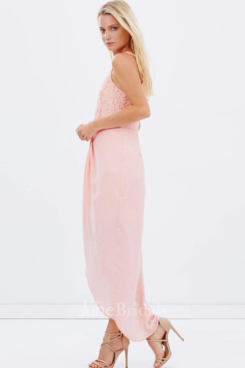 High-Low Lace Scoop Neck Sleeveless Chiffon Bridesmaid Dress