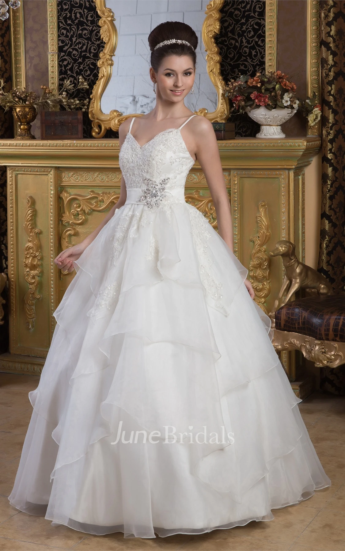 Lace A-Line Tulle Ball Gown with Beading and Spaghetti-Straps