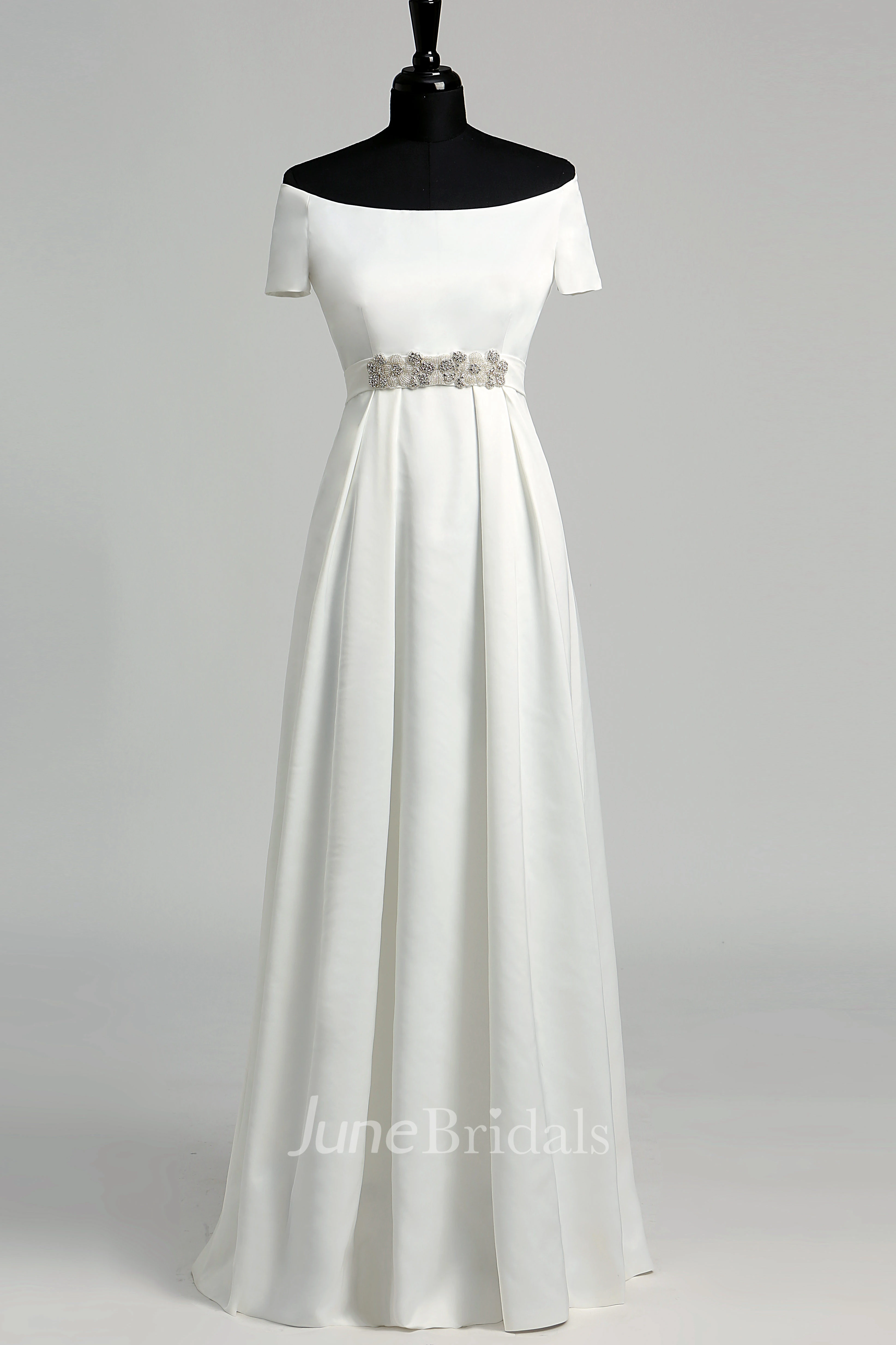 Graceful Off-the-shoulder A-line Beaded Satin Wedding Dress