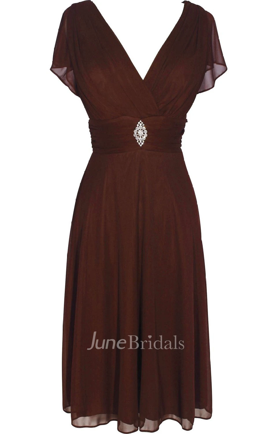 Short Sleeve V-neck Knee-length Chiffon Dress With Beading