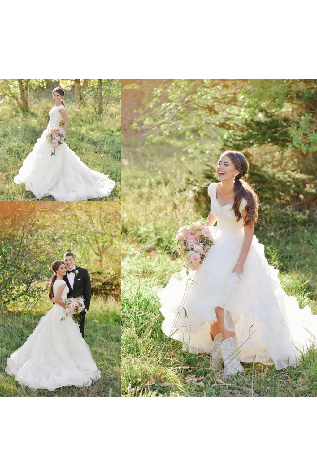 Cowboy Boots V-neck Ruffles Tiered Skirt A-line Lace Organza Wedding Dress with Cap Sleeves