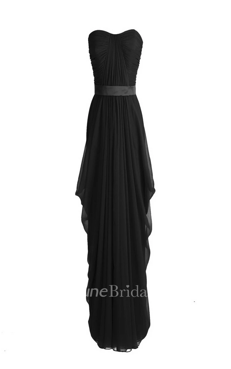 Strapless Asymmetrical Chiffon Gown With Pleats