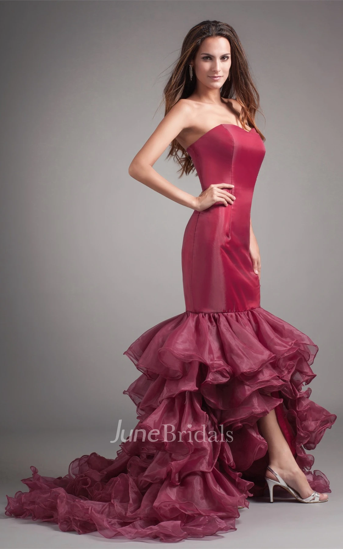 Strapless Mermaid High-Low Gown with Ruffles and Sweep Train