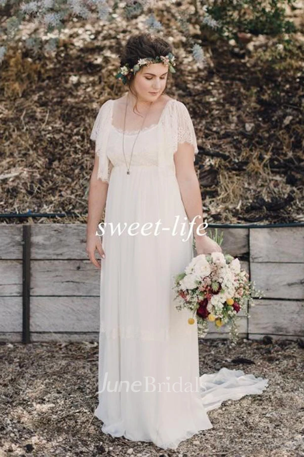 Bohemian Plus Size Lace Short Sleeves Scoop Open Back Warm Wedding Dress