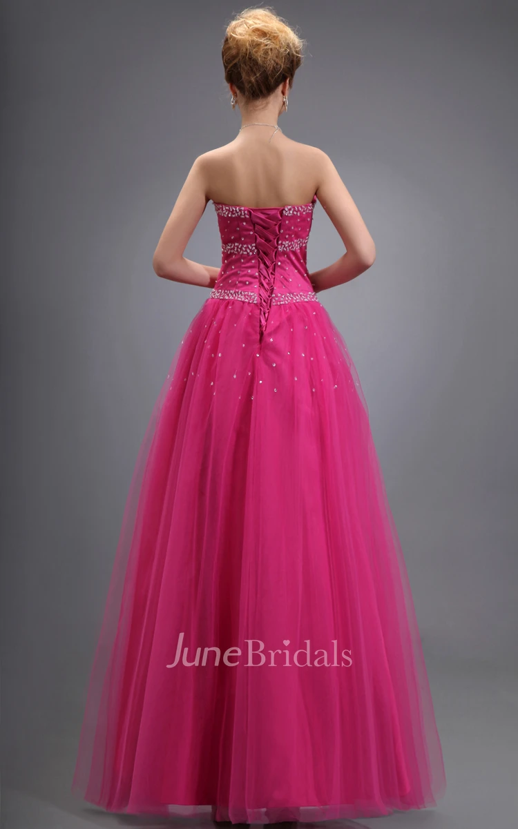 Glam Tulle Long Dress With Crystal Detailings And Lace-Up Back