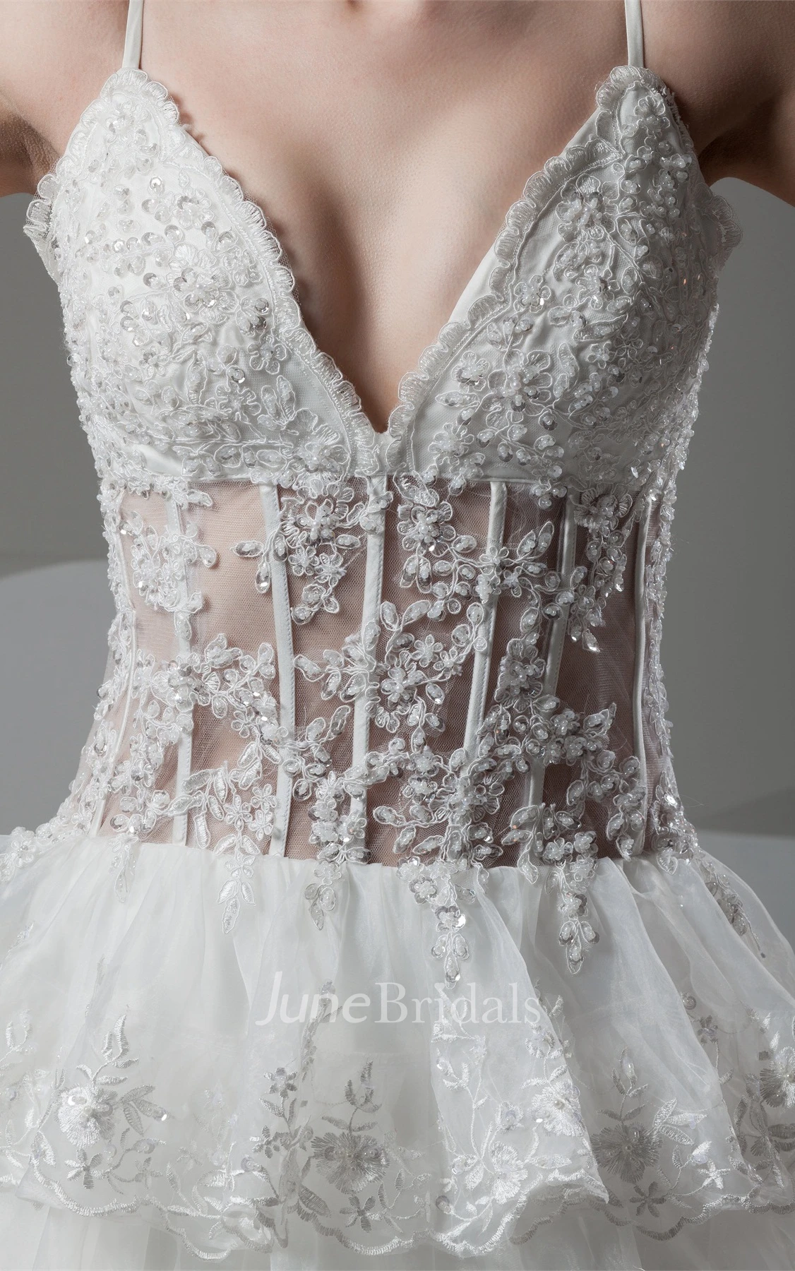 Plunged Tiered Lace A-Line Gown with Spaghetti-Straps