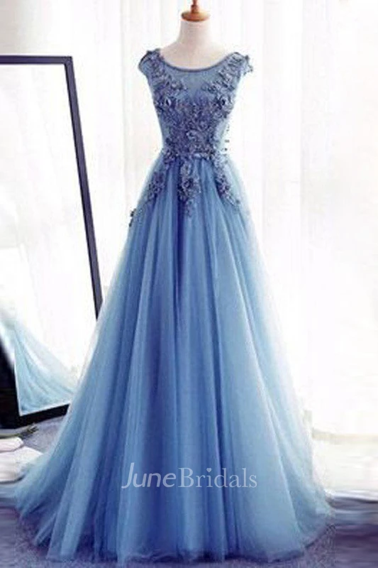 A-line Sleeveless Jewel Floor Length Applique Tulle Dress