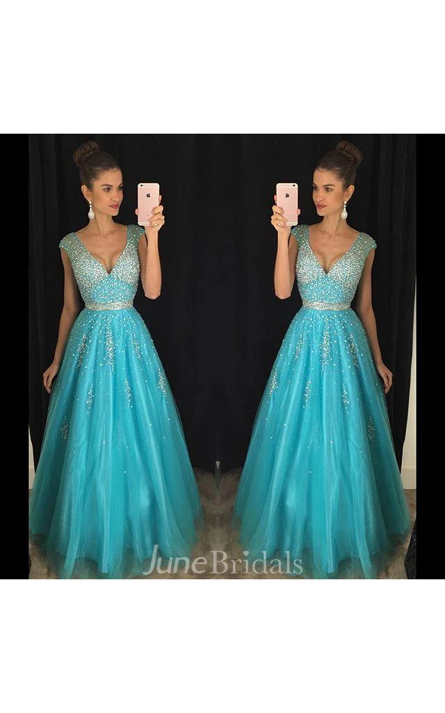 Elegant V-Neck Beadings Prom Dresses Long A-Line Tulle