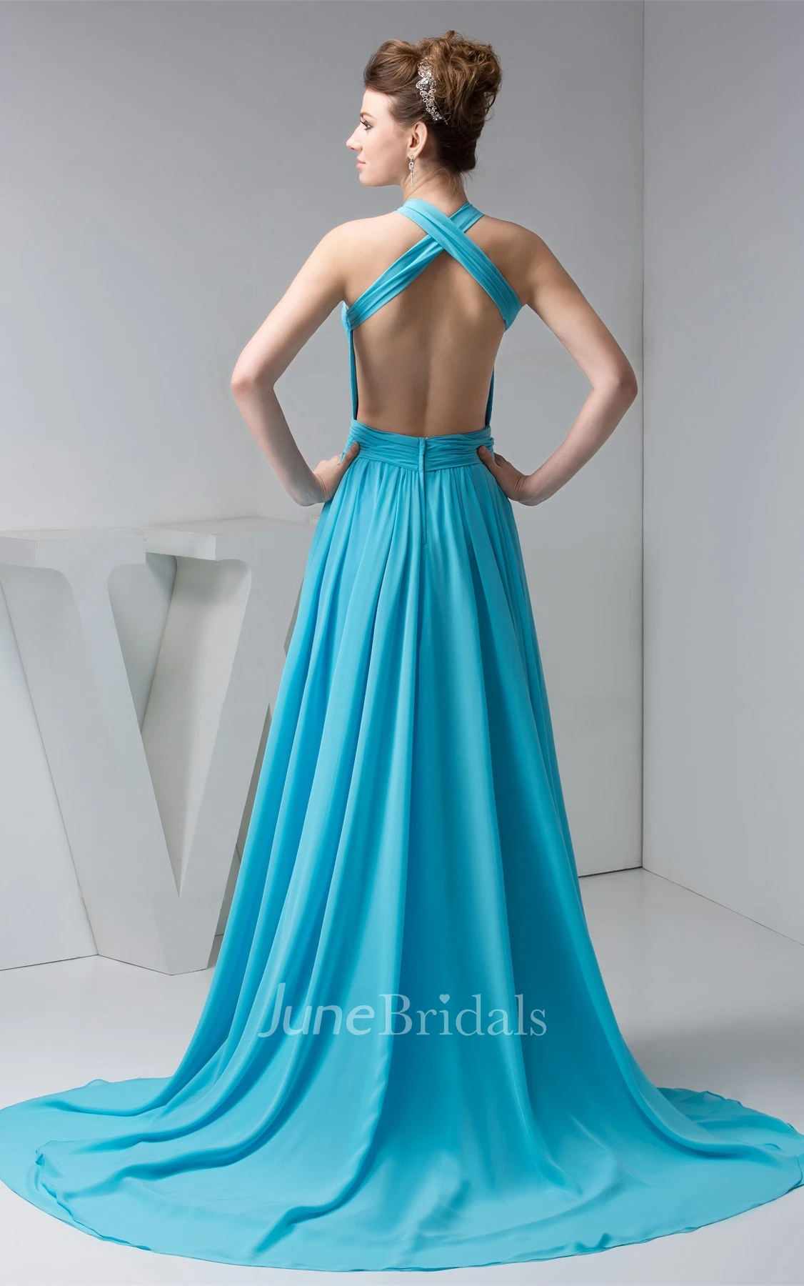 Sleeveless Criss-Cross Chiffon Dress with Pleats and Halter