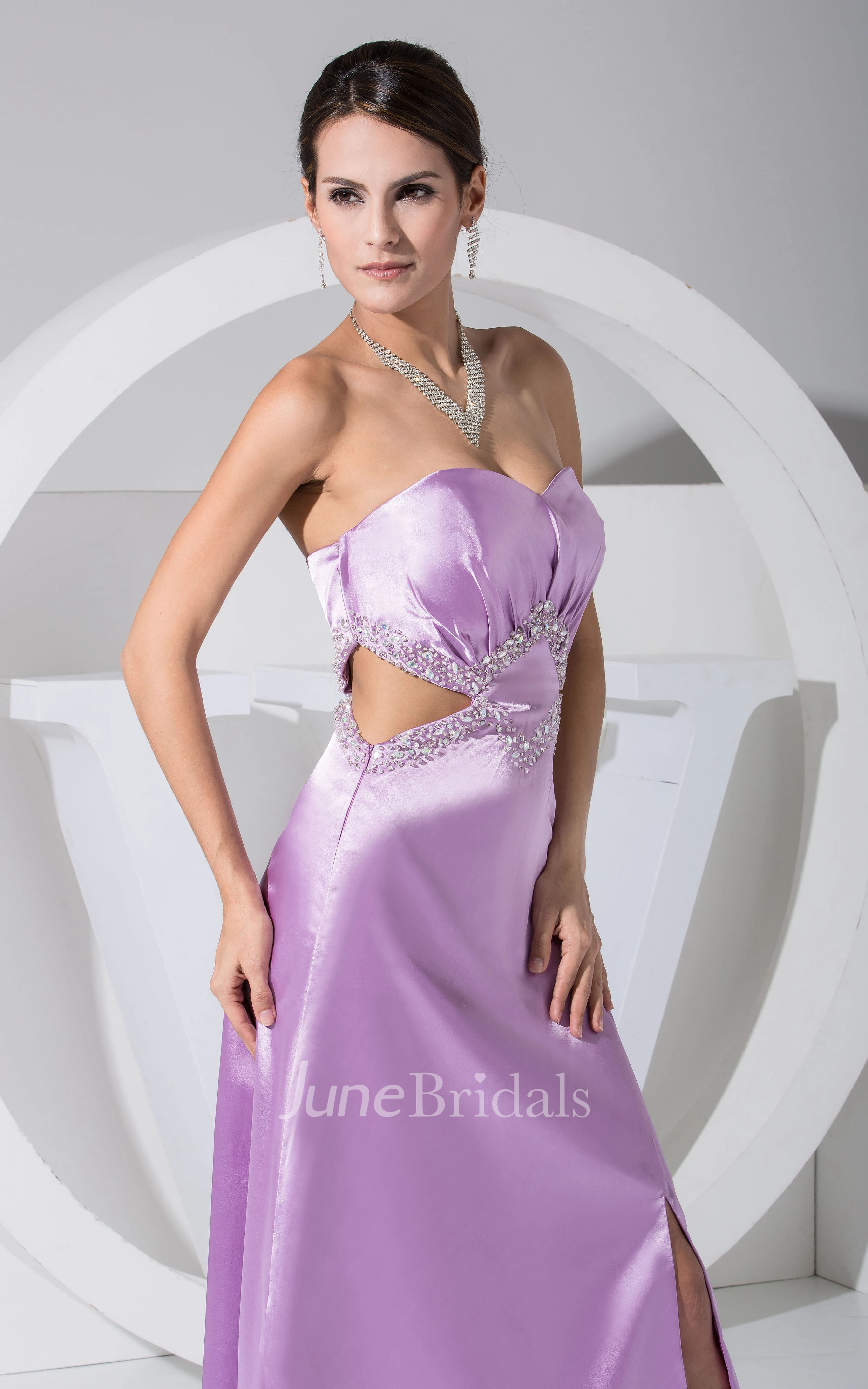 Strapless Front-Split Ankle-Length Dress With Beading and Keyhole