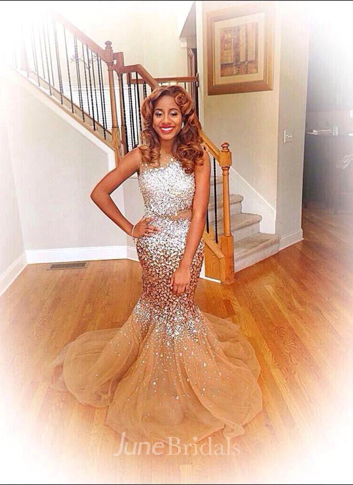 Glamorous Sleeveless Crystal Evening Dresses Long Mermaid Tulle Party Dress