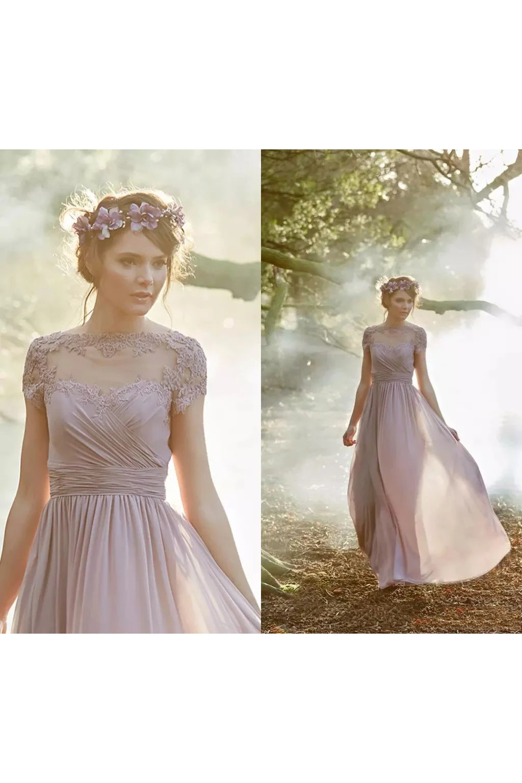 A-line Jewel Cap Short Sleeve Floor-length Chiffon Bridesmaid Dress with Appliques and Ruching