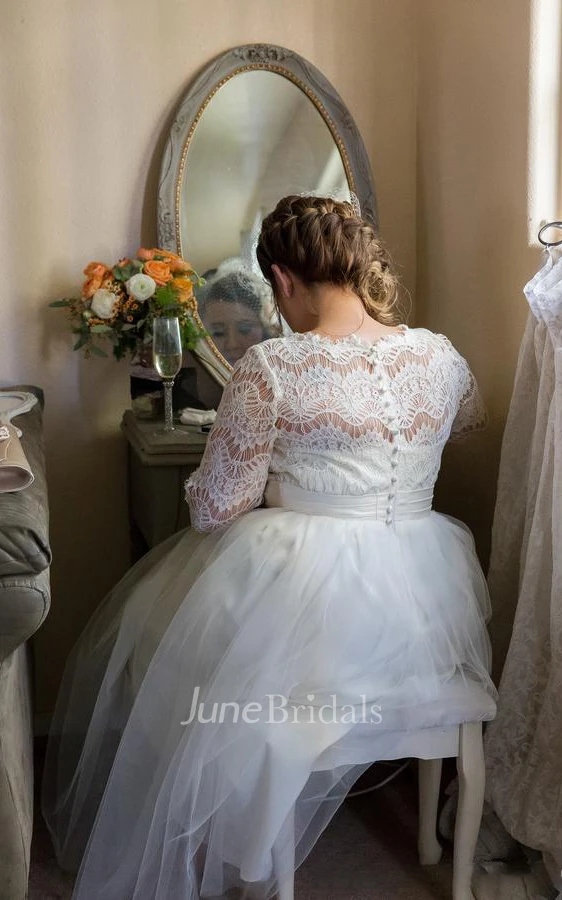 A-Line Short Jewel Half Sleeve Bell Button Tulle Lace Dress