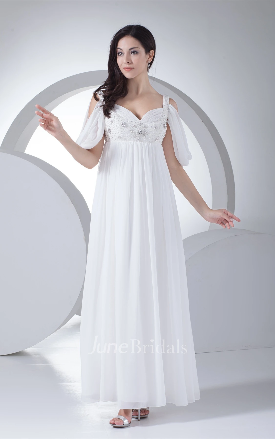 Strapped Plunged Empire Dress with Rhinestone and Pleats