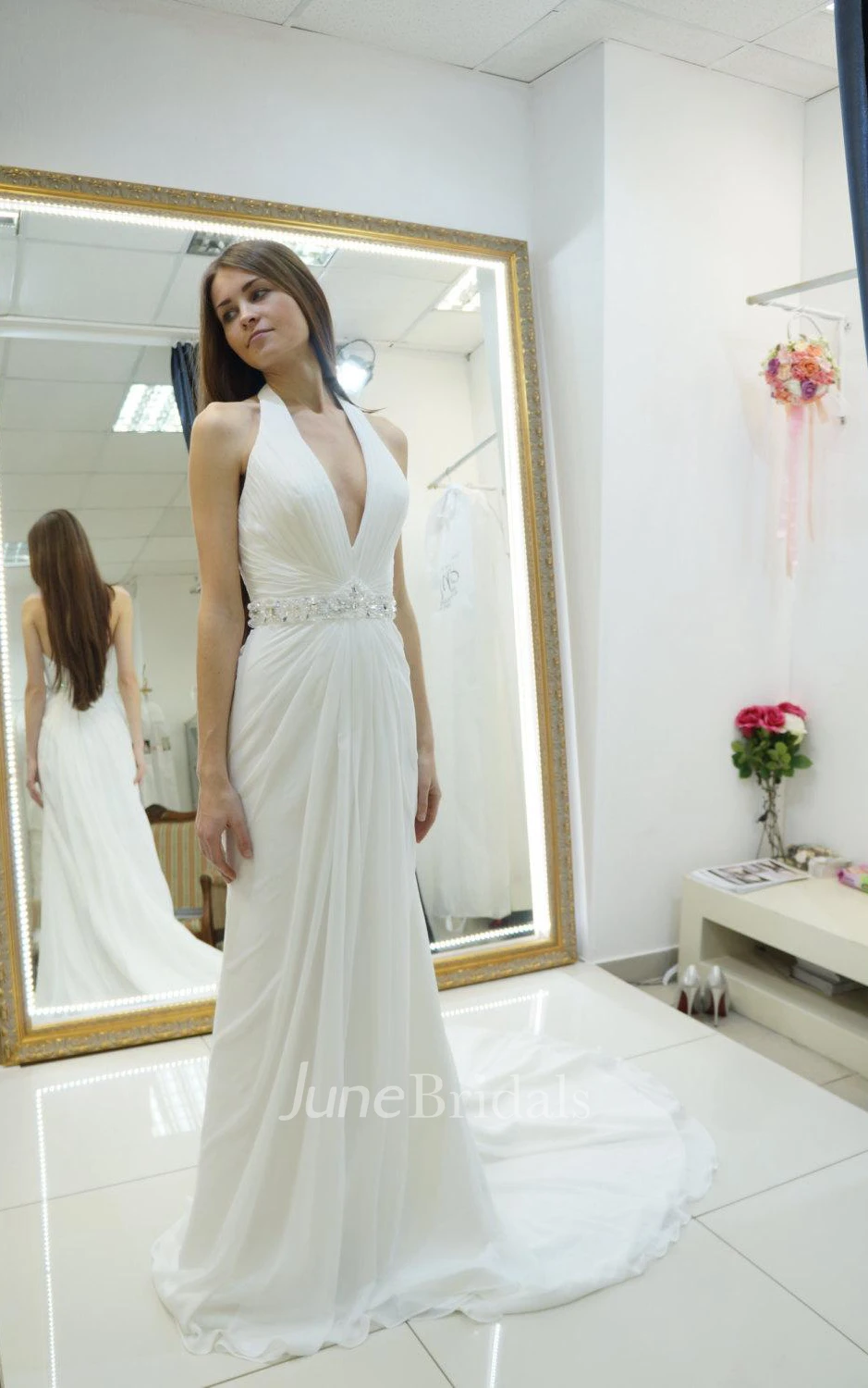 Strapped Chiffon Weddig Dress With Beading