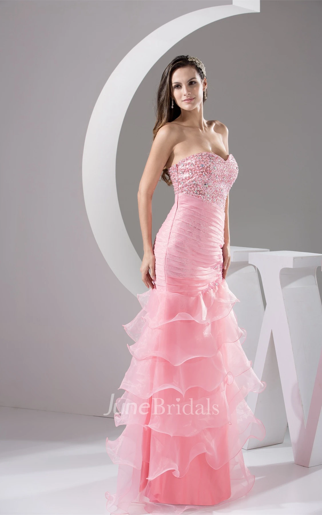 Sweetheart Column Tiered Dress with Jeweled Bodice