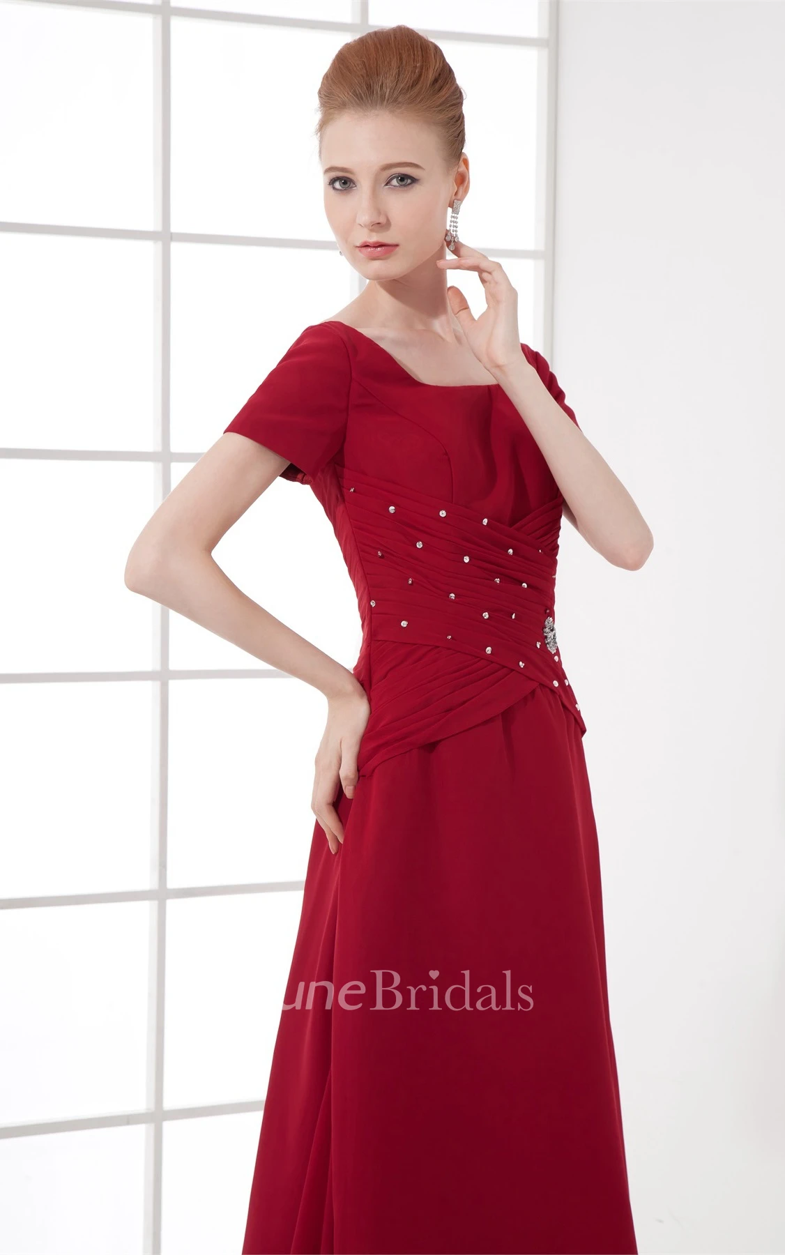 square-neck ankle-length short-sleeve dress with broach and ruching