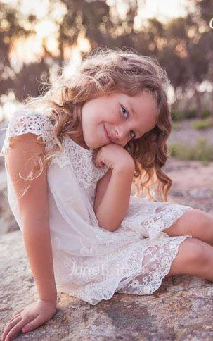 Lace Cap Sleeve Lace&Satin Dress With Flower