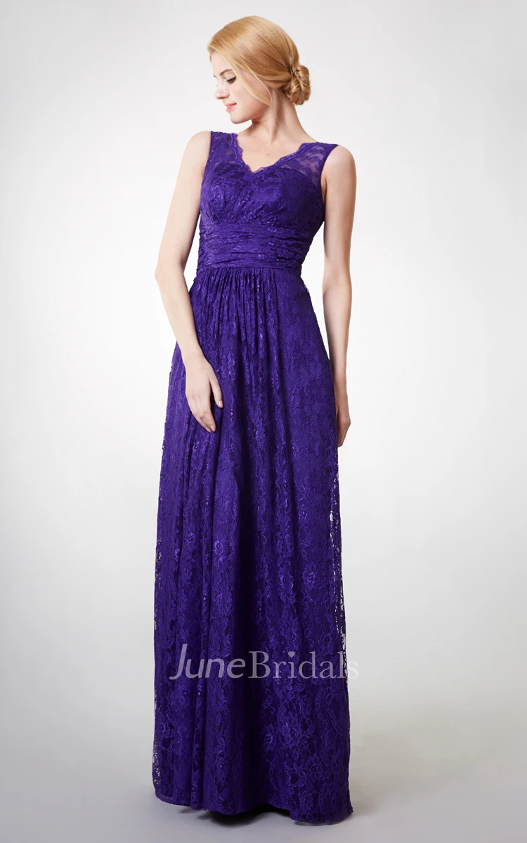 Country Style V-neck Long Lace Bridesmaid Dress