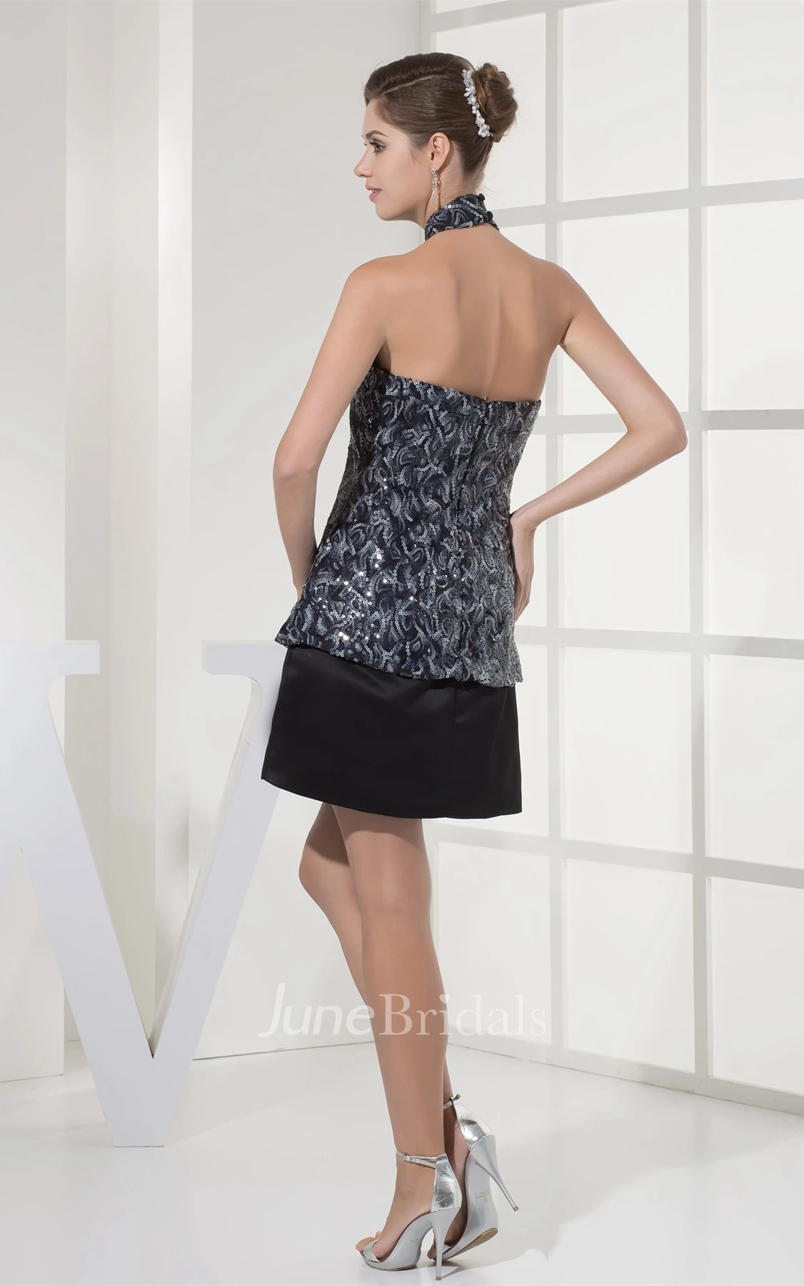 Sleeveless Mini A-Line Dress with Sequins and Collar Neckline