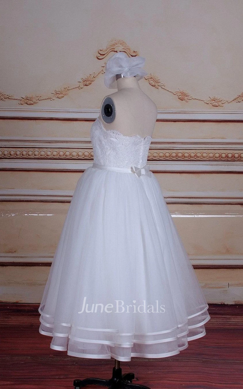 Short Tea-Length Strapped Tulle Lace Satin Weddig Dress