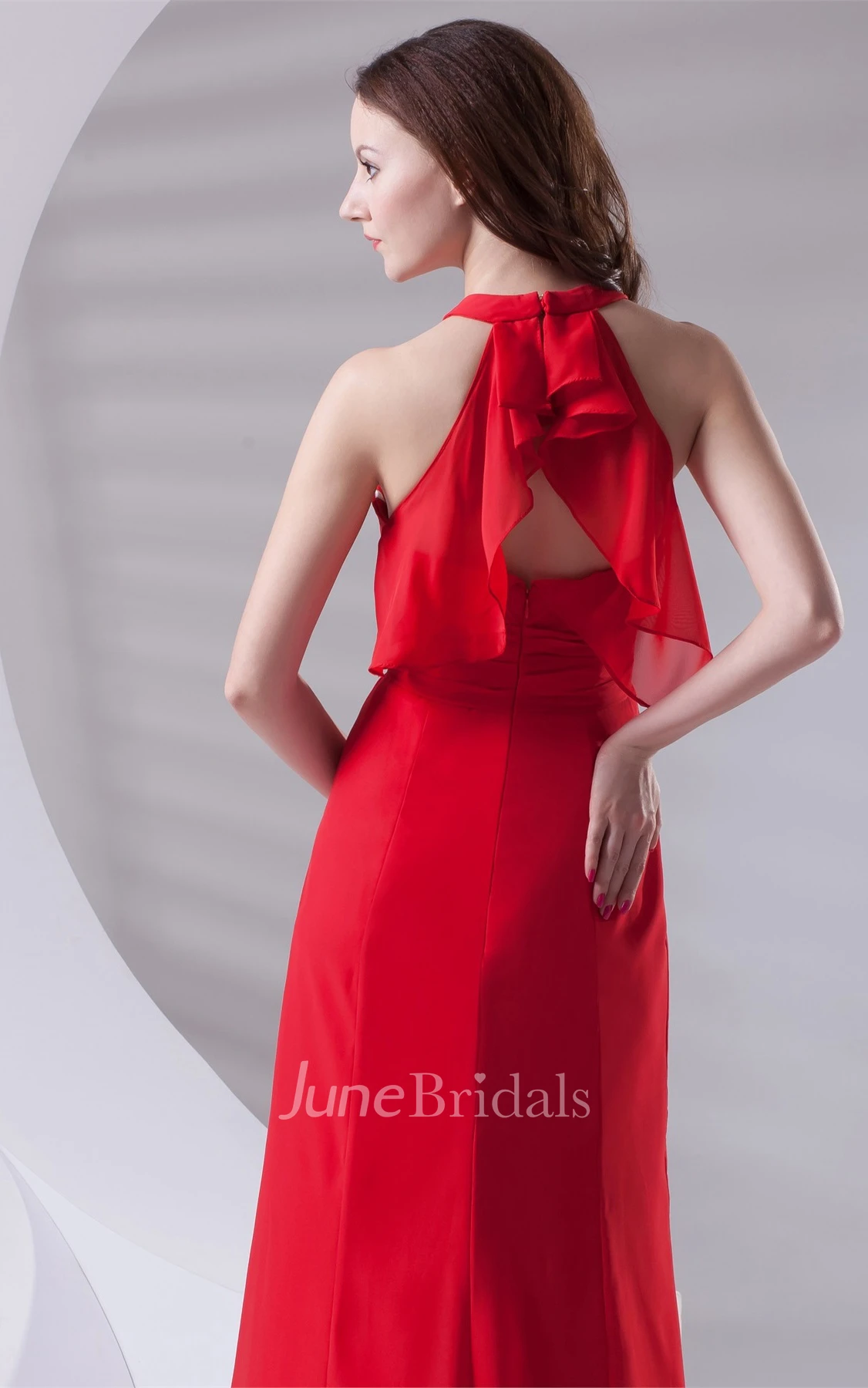 Plunged Chiffon Maxi Dress with Ruching and Brush Train