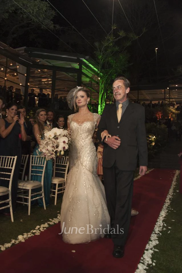 Newest Sequins Mermaid Tulle Wedding Dress Cap Sleeve Court Train