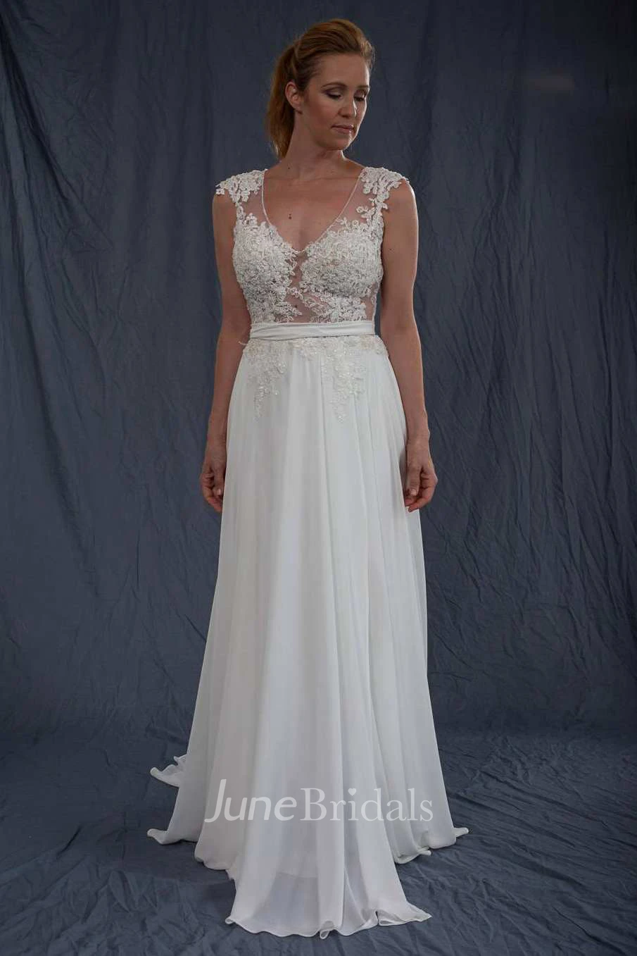 Plunged Cap-Sleeve Sleeveless Chiffon Wedding Dress With Keyhole And Appliques