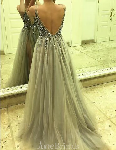 Deep V-neck Backless Split Sweep Train Prom Dress with Beading