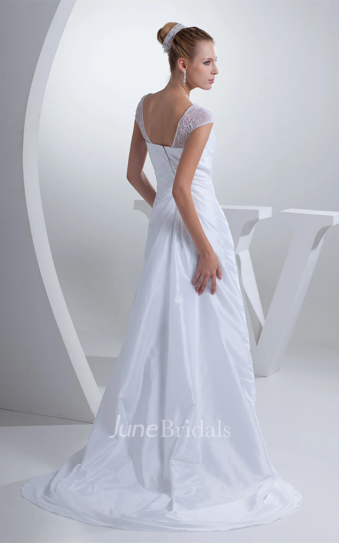 Caped-Sleeve Central-Ruched A-Line Dress with Beading and Sweep Train