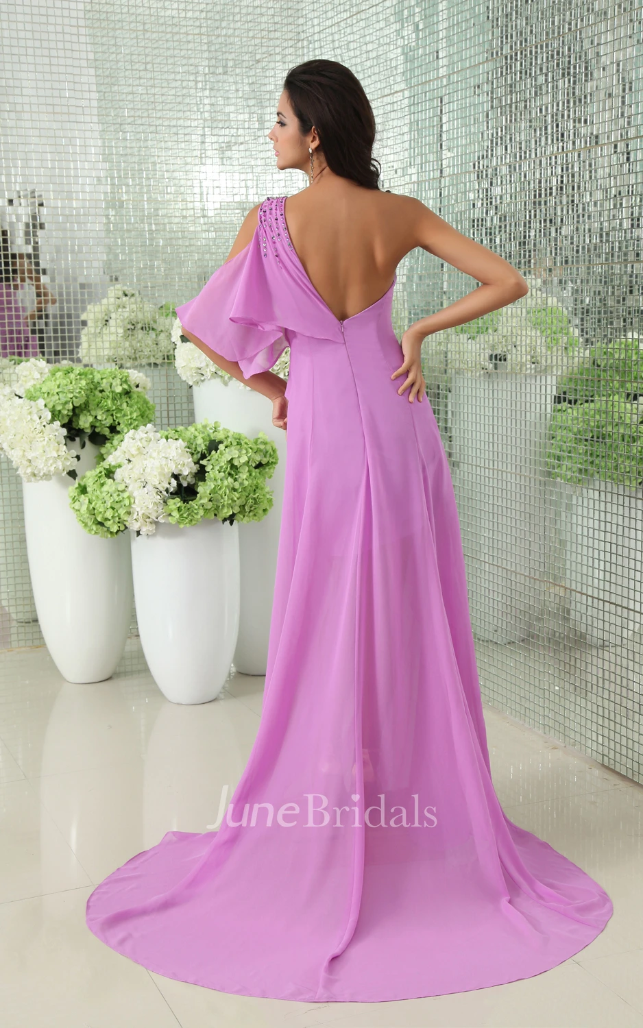 Noble Side Draped Chiffon Sequined Backless Unique Gown