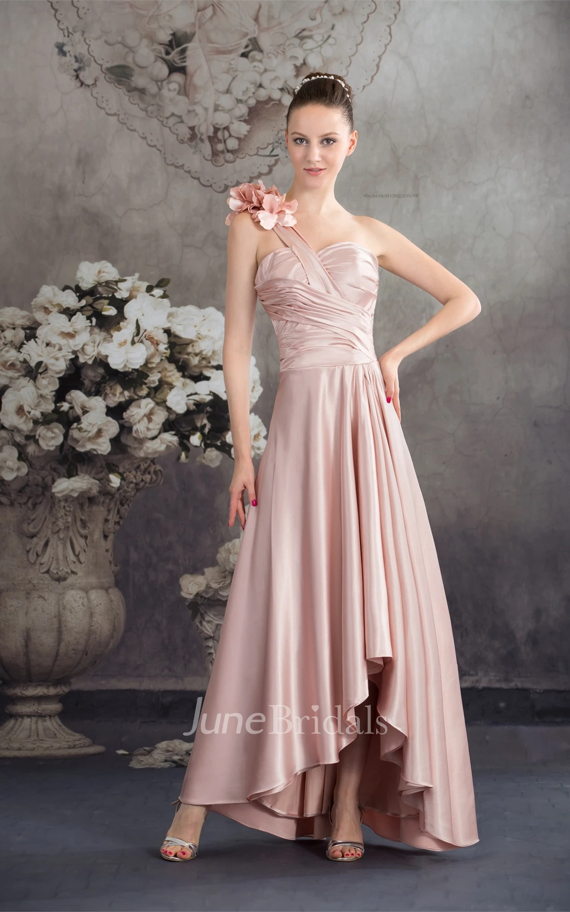 Sleeveless High-Low Pleated Dress with Ruching and Floral Epaulet